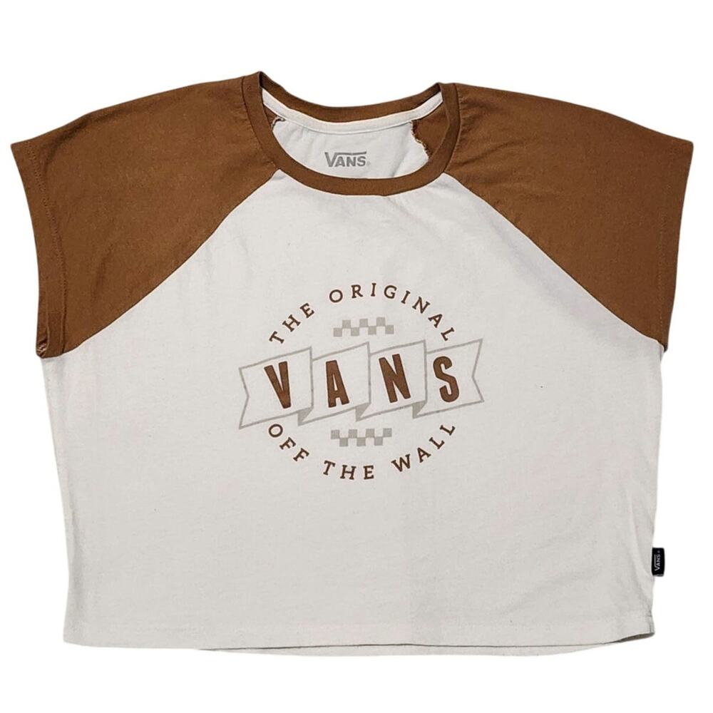 Vans Vintage Brown White Raglan T-Shirt Women's Retro Logo Graphic Short Sleeve